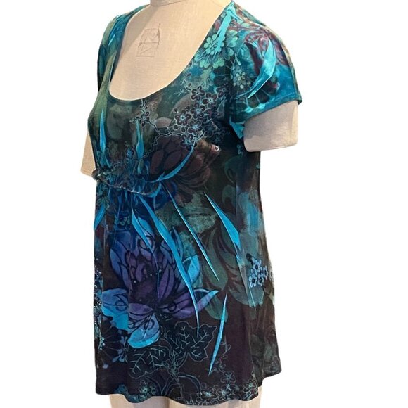 B.L.E.U. Short Sleeve Tunic Top Floral Beaded/Studded Ruffle Sz M #233B - Picture 4 of 9